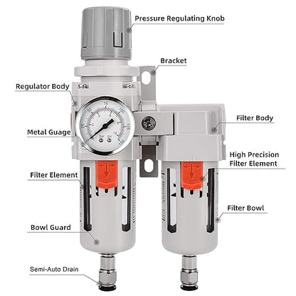 NANPU 3/8" NPT Air Dryer System - 5 Micron Particulate Filter, 0.5 Micron Coalescing Filter & Air Pressure Regulator, Water Trap Separator - Semi-Auto Drain,0-150 psi Gauge, Poly Bowl, Metal Bracket