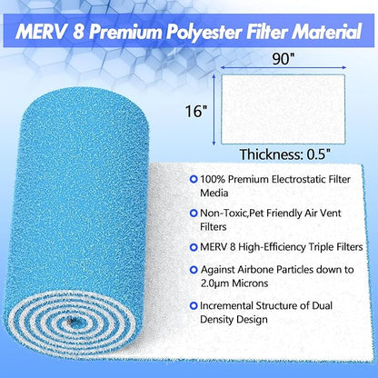 Air Vent Filter Kit - 16" x 90" Cut to Fit Air Filter Materials MERV 8 Electrostatic Media Roll for Home Floor, Ceiling, AC, HVAC, RVC Furnace Vents, With 48PCs Adhesive Hook Tape