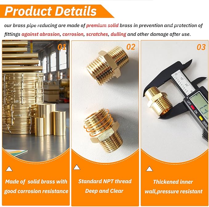 2pcs 1/4" NPT x 1/8" NPT Brass Nipple, 1/4 to 1/8 Adapter Fitting Reducing Solid Hex Nipple, Brass 1/4 Male to 1/8 Male Reducer Pipe Fittings for Extending and Connecting Pipes