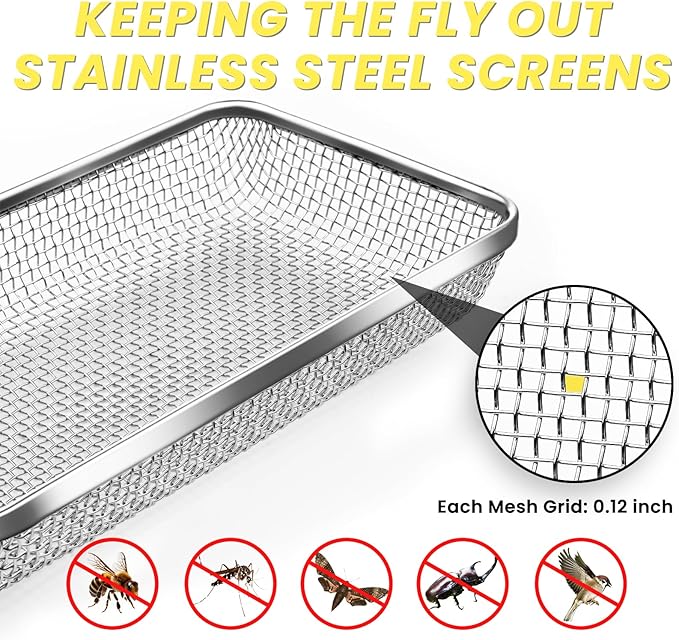 SheeChung RV Furnace Vent Screen, Flying Insect Screen Water Heater Cover for Camper, 7.5 x 4.1 x 1.3 Inch and RV Water Filter with Brass 90 Degree Hose Elbow and Flexible Hose Protector