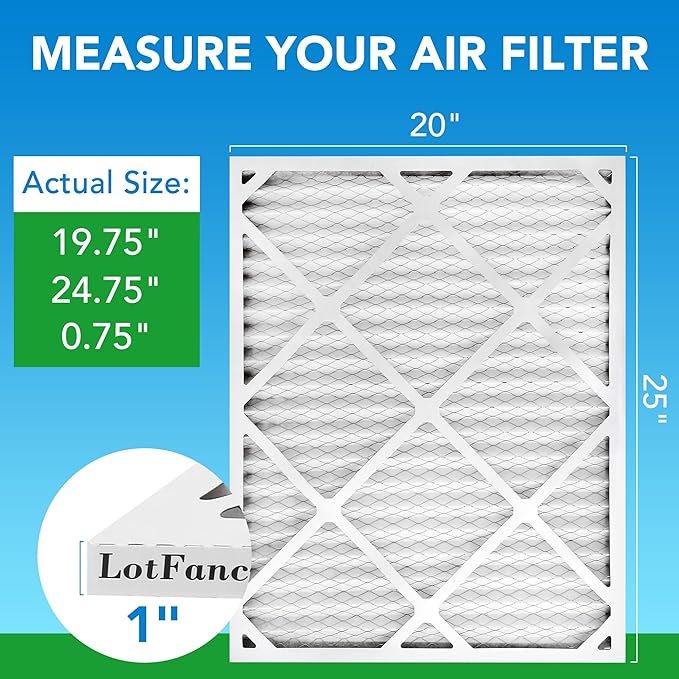 LotFancy 20x25x1 Air Filter MERV 8 4-Pack, Electrostatic Pleated Furnace & AC Filter, Captures Dust, Pet Hair, Pollen, Actual Size: 19.75"x23.75"x0.75"