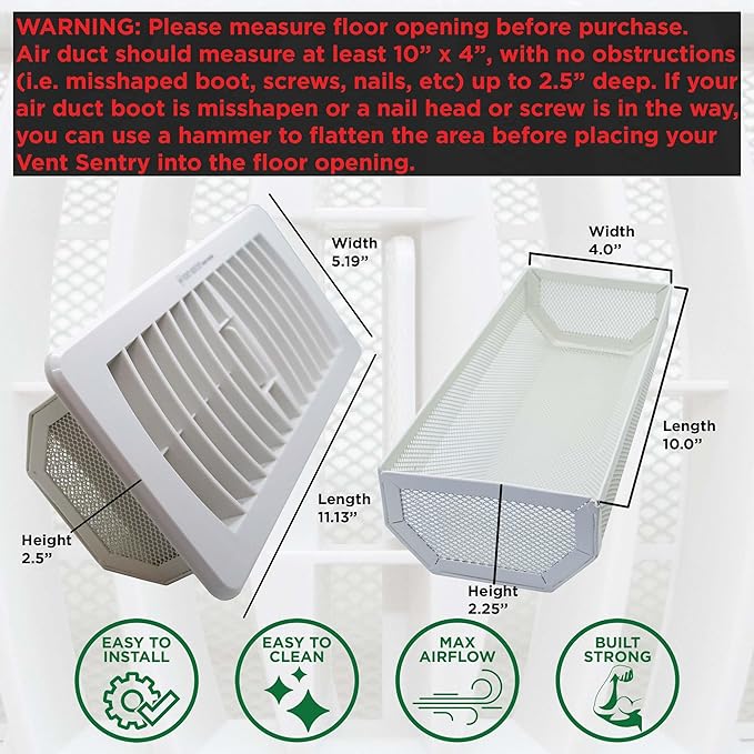 | 4" x10" Vent Sentry Vent Guard & Register Combo I Air Filter Metal Screen Trap & Durable Air Vent Cover for Home Floor & RV | Baby Proof, Dust Control, Keep Bugs Out, and Catch Valuables