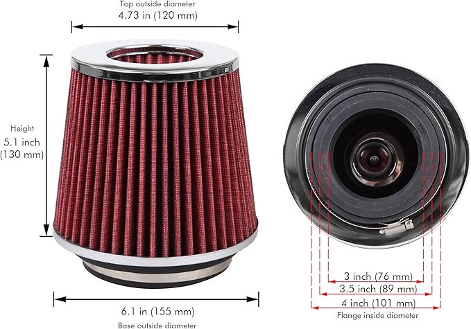 Cartman Clamp-On Engine Air Filter, Fit Intake Tube with 3/3.5/4in Diameter, Premium High Performance Replacement Filter, Washable and Reusable, Round Tapered, Red