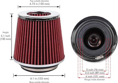 Cartman Clamp-On Engine Air Filter, Fit Intake Tube with 3/3.5/4in Diameter, Premium High Performance Replacement Filter, Washable and Reusable, Round Tapered, Red