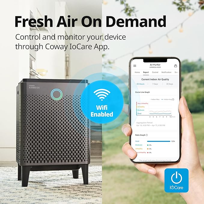 COWAY Air Purifier for Large Room Whole Home Up to 3,120ft², HEPA Filter for Smoke, Allergies, Pet Dander, Odor, App-Enabled, AQI, Smart Mode, Timer, 5yr Warranty, Airmega 400S Graphite