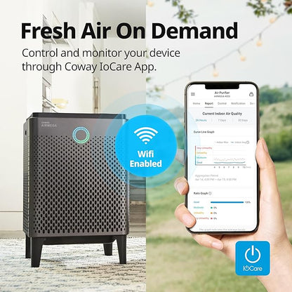 COWAY Air Purifier for Large Room Whole Home Up to 3,120ft², HEPA Filter for Smoke, Allergies, Pet Dander, Odor, App-Enabled, AQI, Smart Mode, Timer, 5yr Warranty, Airmega 400S Graphite