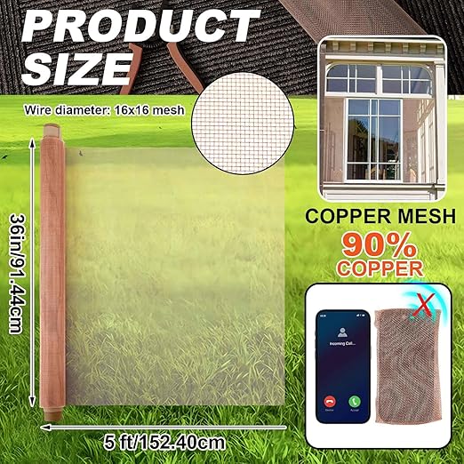Zonon 90% Pure Copper Mesh Screen 36 Inch x 5 ft, 16x16 Mesh Copper Roll Wire Fabric 0.25 mm Wire Diameter Conductive Metal Dense Filter Screen Woven for Lab Faraday Cage Rodent Control Window Craft