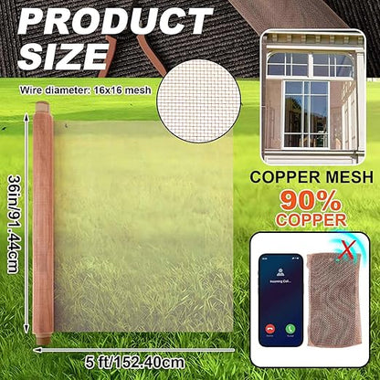 Zonon 90% Pure Copper Mesh Screen 36 Inch x 5 ft, 16x16 Mesh Copper Roll Wire Fabric 0.25 mm Wire Diameter Conductive Metal Dense Filter Screen Woven for Lab Faraday Cage Rodent Control Window Craft