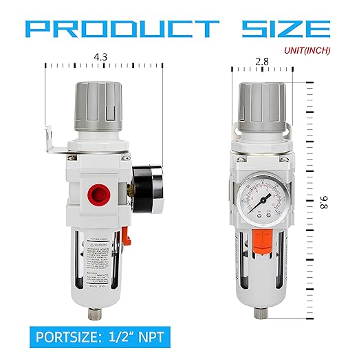 NANPU 1/2" NPT Compressed Air Filter Regulator Combo Piggyback, 5 Micron Brass Element, Poly Bowl, Semi-Auto Drain, Metal Bracket, 0-150 psi Gauge