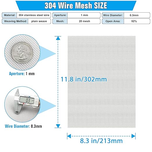 Valchoose Soft 304 Stainless Steel Mesh, 8 Pack Bendable Woven 8.3"X11.8"(213X302mm), 20 Mesh Non-Rusting, Wire Mesh Easy to Work, Non-Corrosive for DIY, Vent, Cage, Garden, Window (Plain Weave)