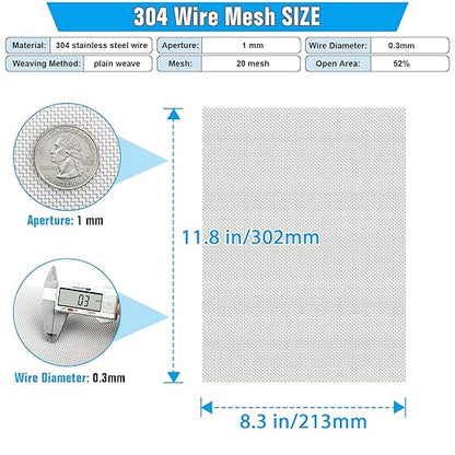 Valchoose Soft 304 Stainless Steel Mesh, 8 Pack Bendable Woven 8.3"X11.8"(213X302mm), 20 Mesh Non-Rusting, Wire Mesh Easy to Work, Non-Corrosive for DIY, Vent, Cage, Garden, Window (Plain Weave)