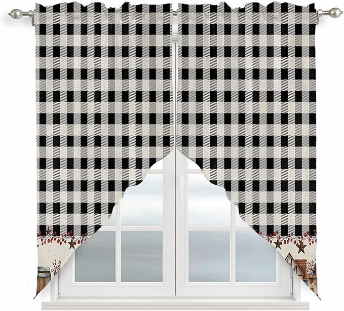 Swag Curtain Valances for Kitchen Windows,Farm Wooden House Black Buffalo Plaid Short Rod Pocket Window Valance,Western Star Swag Topper for Bedroom Living Room,2 Panels 36x63in