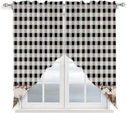 Swag Curtain Valances for Kitchen Windows,Farm Wooden House Black Buffalo Plaid Short Rod Pocket Window Valance,Western Star Swag Topper for Bedroom Living Room,2 Panels 28x36in