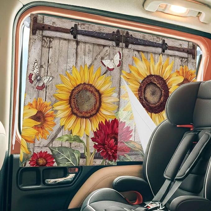 Sunflowers Magnetic Double Layer Car Window Shades,Side Window Curtains for Blackout/Breathable Mesh View,Retro Flower Barn Doors Butterfly Farmhouse Brown Heat Protection Sun Shades 26x20in 1pcs