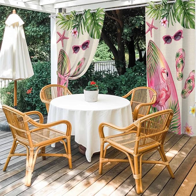 Summer Flamingbirds Outdoor Curtains for Patio Palm Leaves Plumeria Linen Waterproof Outside Curtains with Grommet Top Weatherproof Curtain for Cabana Pergola Gazebo, 1 Panel, 54" W x 95" L