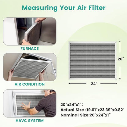 20x24x1 HVAC Furnace Air Filter, Washable Electrostatic Furnace Filter, MERV 8, Lasts a Lifetime, Breathe Fresher, Home And Office (Actual Size:19.61x23.39x0.82)