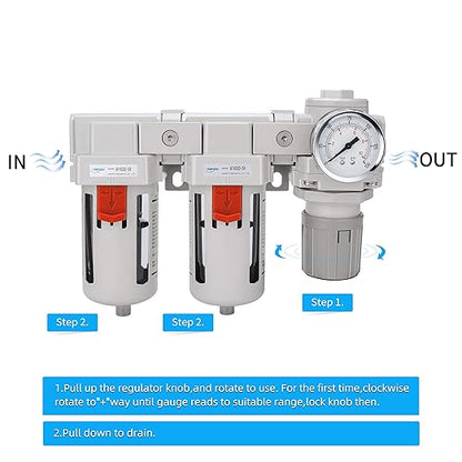 NANPU 1/2" NPT Air Drying System - 5 Micron Particulate Filter, 0.01 Micron Coalescing Filter, Air Pressure Regulator Combo - Semi-Auto Drain, Poly Bowl w/Metal Gauge