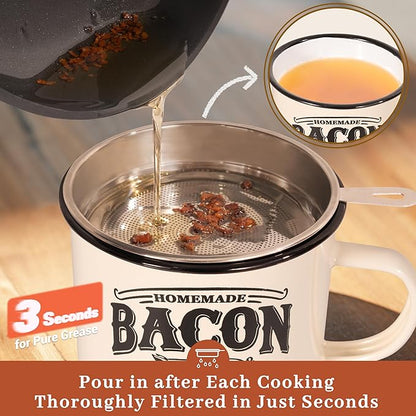 Bacon Grease Container with Strainer - With Food-Grade Silicone Spatula, 24oz Enamel Rustic Farmhouse Fat Container, Keeper, Recipes, Dishwasher Safe