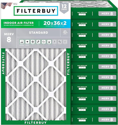 Filterbuy 20x36x2 Air Filter MERV 8 Essential Dust & Allergy Defense (12-Pack), Electrostatic Pleated HVAC AC Furnace Filters Replacement, Made in USA (Actual Size: 19.50 x 35.50 x 1.75)