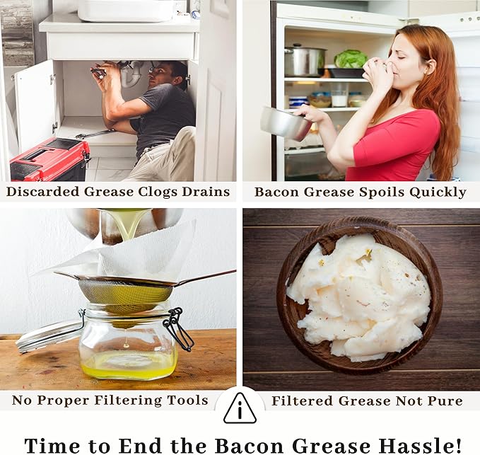 Bacon Grease Container with Strainer - With Food-Grade Silicone Spatula, 24oz Enamel Rustic Farmhouse Fat Container, Keeper, Recipes, Dishwasher Safe