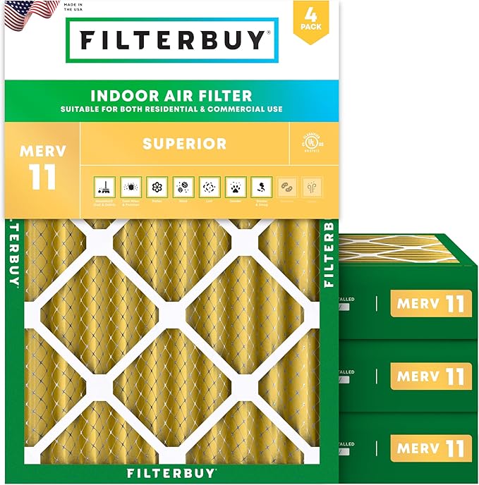 Filterbuy 14x20x4 Air Filter MERV 11 Superior Pet & Allergy Defense (4-Pack), Electrostatic Pleated HVAC AC Furnace Filters Replacement, Made in USA (Actual Size: 13.50 x 19.50 x 3.63)