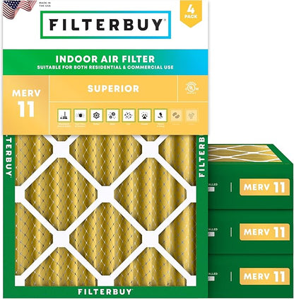 Filterbuy 14x20x4 Air Filter MERV 11 Superior Pet & Allergy Defense (4-Pack), Electrostatic Pleated HVAC AC Furnace Filters Replacement, Made in USA (Actual Size: 13.50 x 19.50 x 3.63)