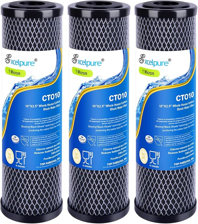 EXCELPURE 1 Micron 10" x 2.5" Whole House CTO Carbon Water Filter Cartridge Replacement for Home Countertop System, Dupont WFPFC8002, WFPFC9001, FXWTC, SCWH-5, WHEF-WHWC, WHCF-WHWC, CTO10, T01, 3PACK
