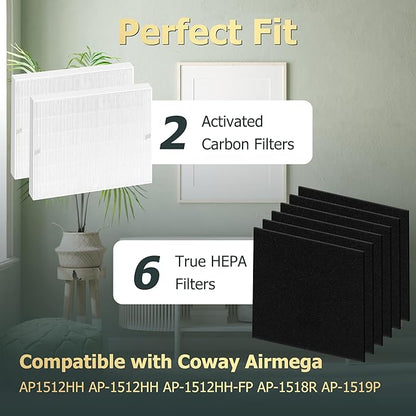 Improvedhand AP-1512HH Replacement Filter for Coway Airmega 200m series AP-1512HH AP-1518R AP-1519P, 2 Pack H13 True High Efficiency Filter & 6 Pack Activated Carbon Pre-Filter, Replace Part # 3304899