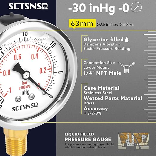 2-1/2" Dial Size, -30 inHg-0 Pressure Gauge, Glycerin Liquid Filled, 1/4" NPT Lower Mount, Stainless Steel Case, for Air Conditioning Line, Tank, Air Pump, HVAC, Pipe, Vacuum Pressure Test