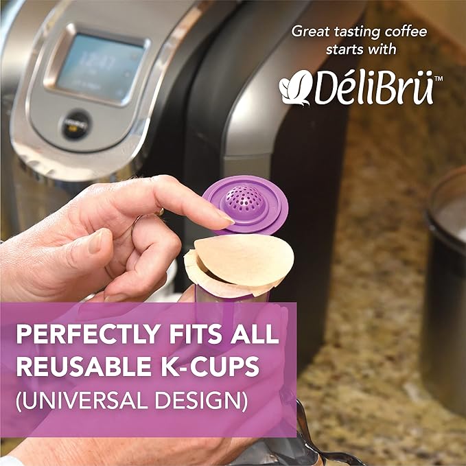 Delibru Unbleached K Cup Filters With Lid for Reusable Coffee Pods - Pack of 300 - Keurig Coffee Filters for K Cup - Natural and Compostable