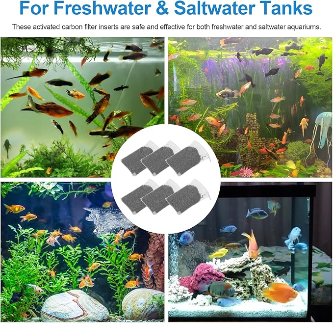 Activated Carbon Inserts for AquaClear 10-30 Gallon Filter, Aquarium Carbon Media for Fluval Aqua Clear, Charcoal for Fish Tank Filter A1382 (6 Pack 60g/Bag)
