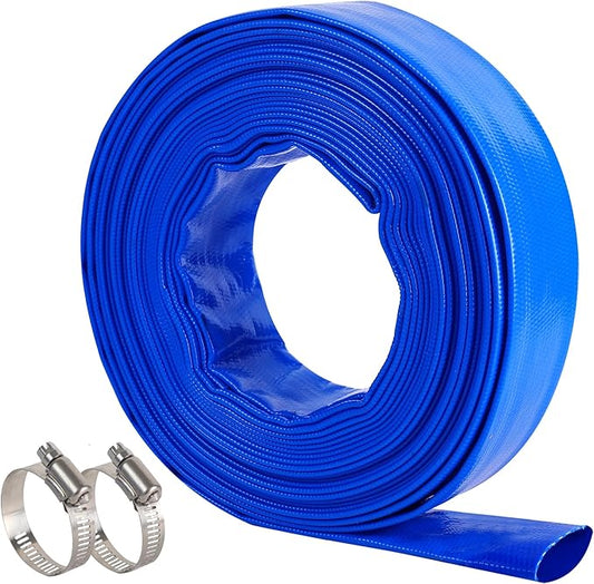 1-1/4" x 50 FT Pool Backwash Hose, Blue Heavy Duty Reinforced PVC Lay Flat Water Discharge Hose for Swimming Pool Filter Pump,with 2 Clamp