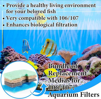 40 Pcs Aquarium Filters Set Compatible with 106/107 Replacement Filter Media Kit, Including Biological Sponge Foam, Ammonia/Phosphate/Nitrite Remover