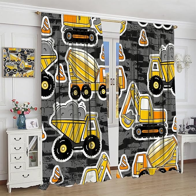 Kids Construction Excavator Window Curtains, Yellow Excavator Transporter Truck Cartoon Vehicles Rod Pocket Decorative Window Curtain for Children Teens Room 42x45in (30% Blackout)