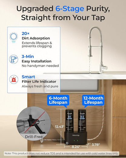 Waterdrop DLA Under Sink Water Filter, No Drilling Required, Reduces Chlorine, PFAS, Bad Taste/Odor, Under Sink Water Filtration System, 11000 Gallons, Life Indicator, 2 Stage, Quick Change