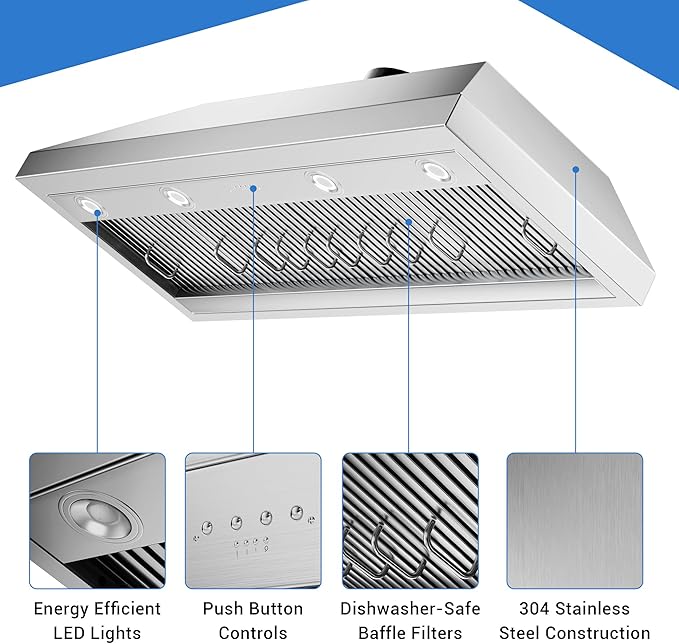 CT Copper Tailor Built-in Range Hood Insert Vent 48 Inch, 1150 CFM with 4-Speed Fan, LED Light, Dishwasher-safe Baffle Filter,Stainless Steel