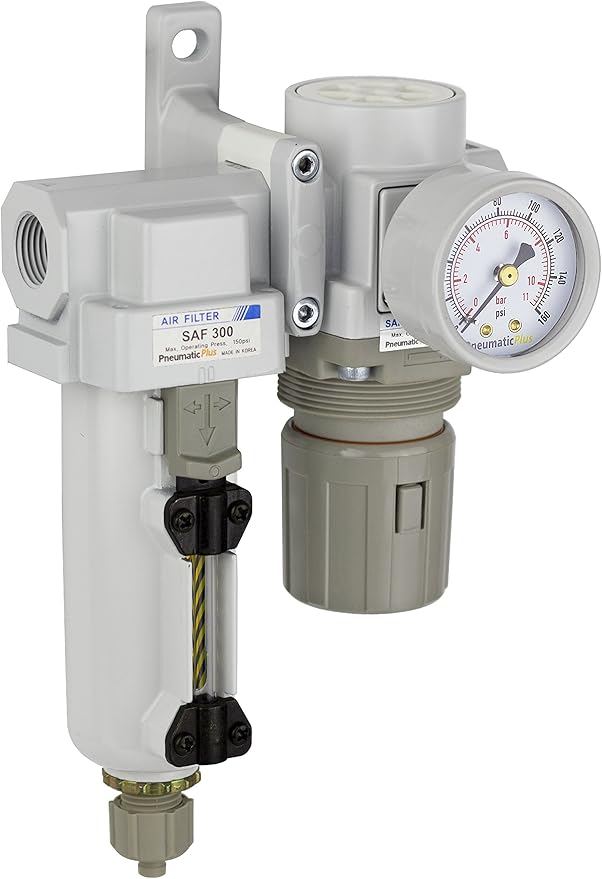 PneumaticPlus SAU320-N03G-MEP Compressed Air Filter Regulator Combo 3/8" NPT - Metal Bowl, Manual Drain, Bracket, Gauge
