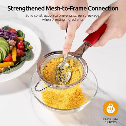 U-Taste Small Fine Mesh Strainer: 18/8 Stainless Steel 3.35in 30 Mesh Kitchen Food Sieve with Sturdy Riveted Silicone Handle, Heavy Duty Deep Handheld Metal Colander for Tea, Juice (Red)