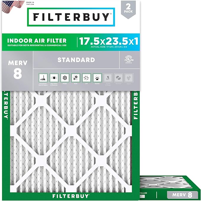 Filterbuy 17.5x23.5x1 Air Filter MERV 8 Essential Dust & Allergy Defense (2-Pack), Electrostatic Pleated HVAC AC Furnace Filters Replacement, Made in USA (Actual Size: 17.38 x 23.38 x 0.75)