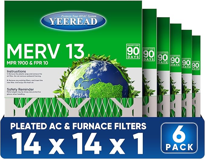 14x14x1 MERV 13 Air Filters, 6-Pack, Actual Size: 13.70” x 13.70” x 0.75”, Pleated Design with Enhanced Filter Media for Superior Filtration,Perfect for HVAC, AC & Furnace Systems