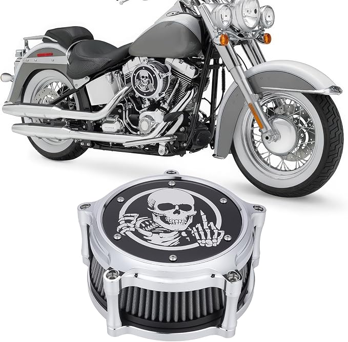 Motorcycle Air Cleaner Skull Style Air Filter with Dustproof Protective Cover Kit for Harley Davidson Touring Trike 2008-16 Softail 2016-17 Dyna 2017 (Chrome)