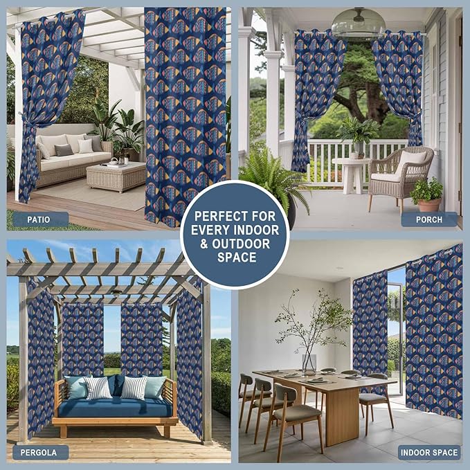 Fish Outdoor Curtains for Patio Vintage National Wind Fish Blue Waterproof Outside Curtains with Grommet Top Weatherproof Curtain for Cabana Pergola Gazebo, 2 Pack, 54" W x 108" L