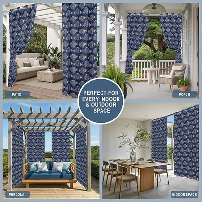 Fish Outdoor Curtains for Patio Vintage National Wind Fish Blue Waterproof Outside Curtains with Grommet Top Weatherproof Curtain for Cabana Pergola Gazebo, 2 Pack, 54" W x 108" L