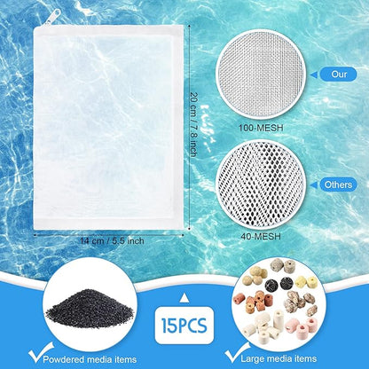 Geiserailie 15 Pieces Aquarium Filter Media Bags 150 Micrometer Fine Filter Bags Mesh Reusable with Zipper for Activated Carbon Resins (5.5 x 7.9 Inch)
