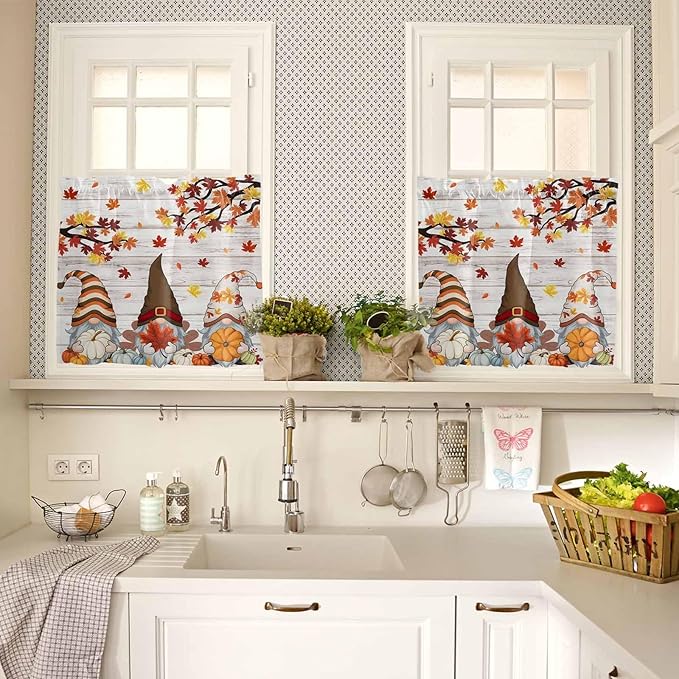 Fall Gnomes Kitchen Curtain Set, Thanksgiving Maple Leaf Grey Wood Grain Window Valance and Tiers 24" Length, Light Filtering Short Curtains Valance for Cafe Bathroom Bedroom 54"x18"