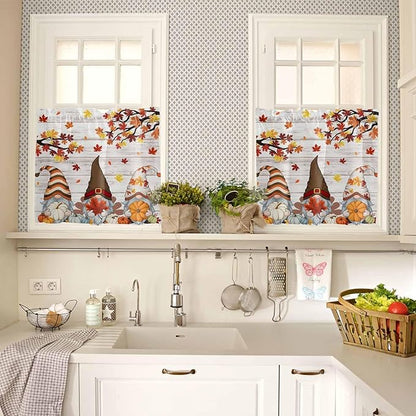 Fall Gnomes Kitchen Curtain Set, Thanksgiving Maple Leaf Grey Wood Grain Window Valance and Tiers 24" Length, Light Filtering Short Curtains Valance for Cafe Bathroom Bedroom 54"x18"