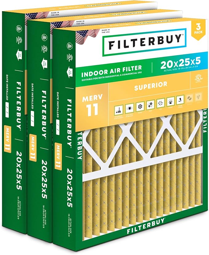 Filterbuy 20x25x5 Air Filter MERV 11 Superior Pet & Allergy Defense (3-Pack), Pleated HVAC AC Furnace Filters for Honeywell FC100A1037, Lennox X6673, and More (Actual Size: 19.88 x 24.75 x 4.38)