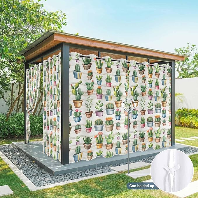 Summer Cactus Outdoor Curtains for Patio Cactus Tropical Plant Wooden Waterproof Outside Curtains with Grommet Top Weatherproof Curtain for Cabana Pergola Gazebo, 2 Pack, 54" W x 84" L