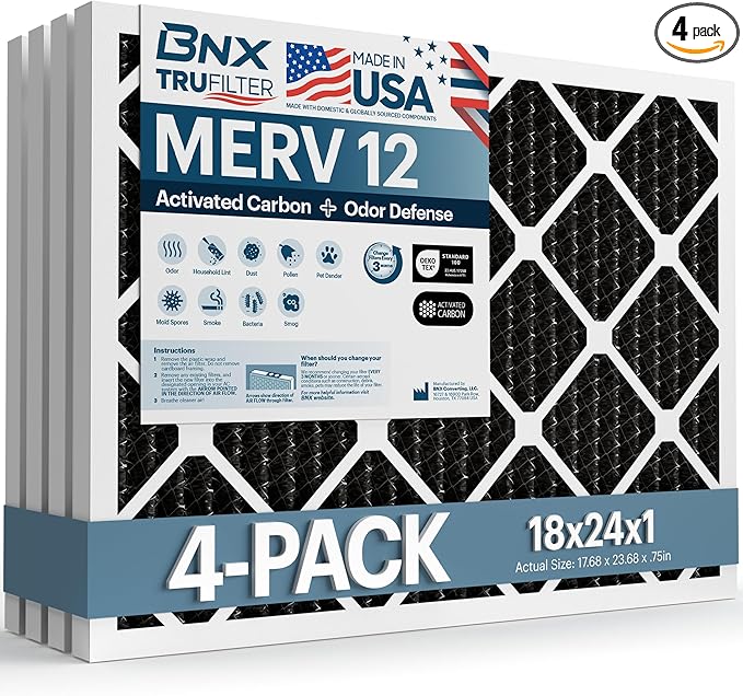 BNX TruFilter 18x24x1 MERV 12 Odor Defense (4-Pack) AC Furnace Air Filter with Activated Carbon - MADE IN USA - Pleated Air Conditioner HVAC AC Furnace Filters - Removes Odor, Mold, Bacteria, Smoke