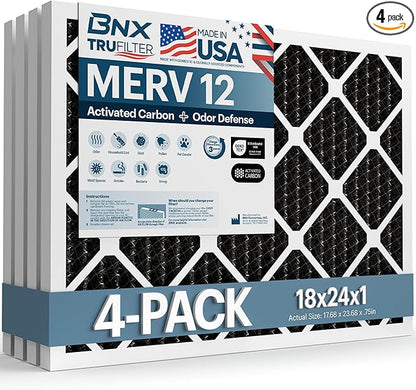 BNX TruFilter 18x24x1 MERV 12 Odor Defense (4-Pack) AC Furnace Air Filter with Activated Carbon - MADE IN USA - Pleated Air Conditioner HVAC AC Furnace Filters - Removes Odor, Mold, Bacteria, Smoke